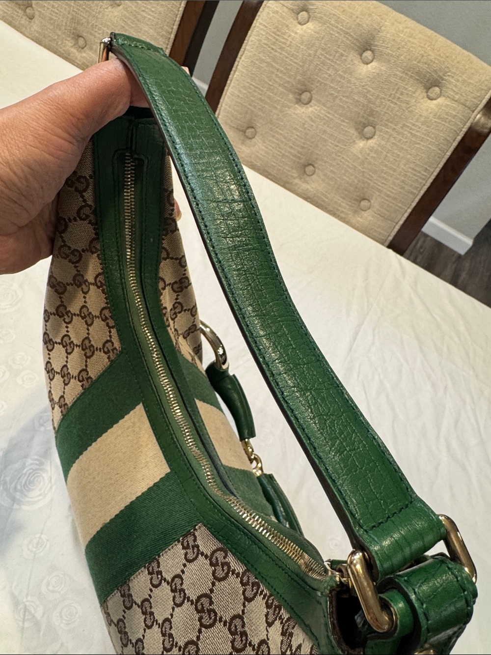 Authentic Gucci Beige Monogram Hobo with Green and Cream Stripes - Picture 8 of 11